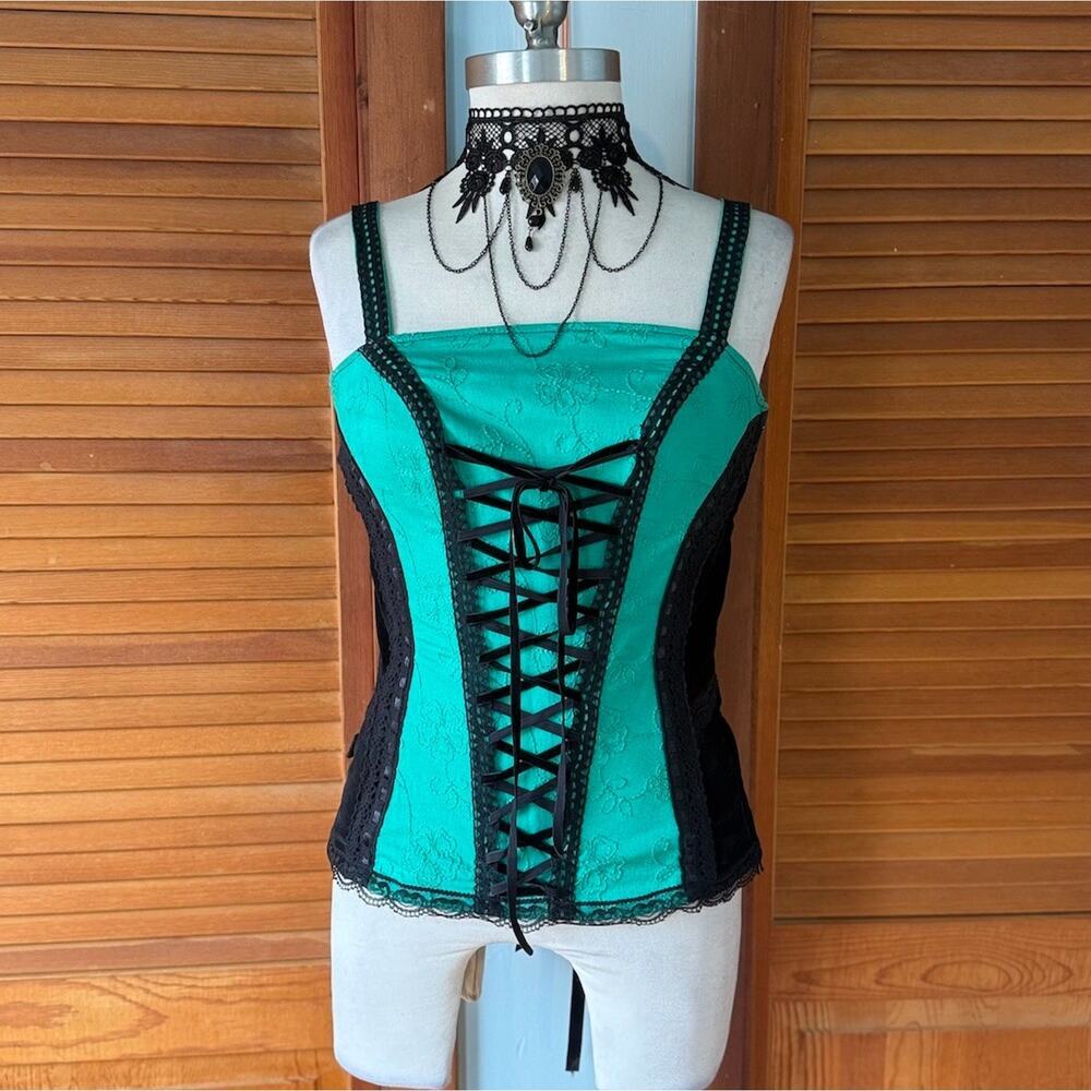 Vintage Tripp NYC Black Velvet Green Jacquard Lace Up Front & Back Corset Top M